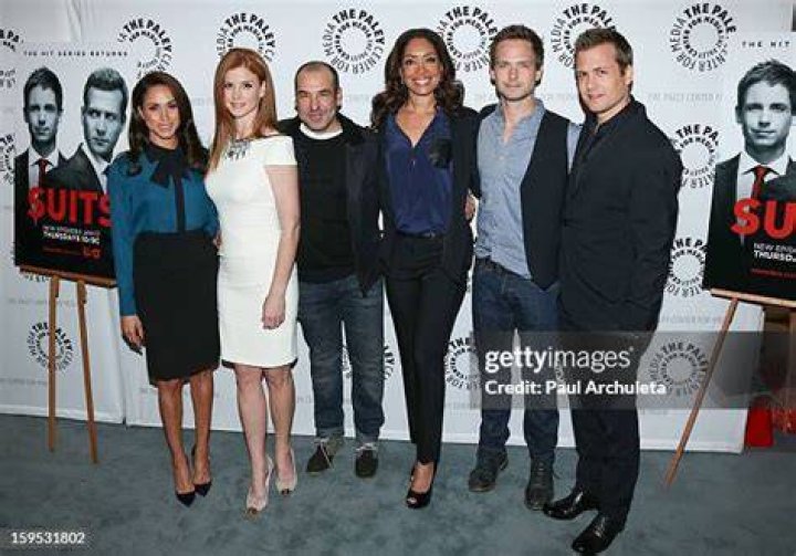 (L-R) Actors Meghan Markle, Sarah Rafferty and Rick Hoffman, Executive Producer Aaron Korsh and actors Gina Torres, Patrick J. Adams and Gabriel Ma...