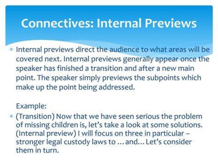 What are internal previews in a speech?